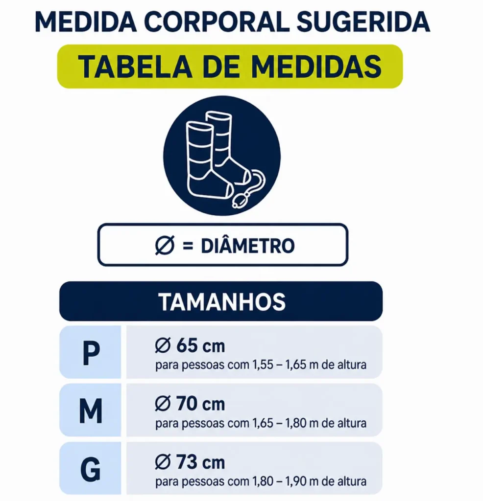 Tabela de medidas da Dellamed Air Recovery com tamanhos P, M e G, diâmetro e altura recomendada