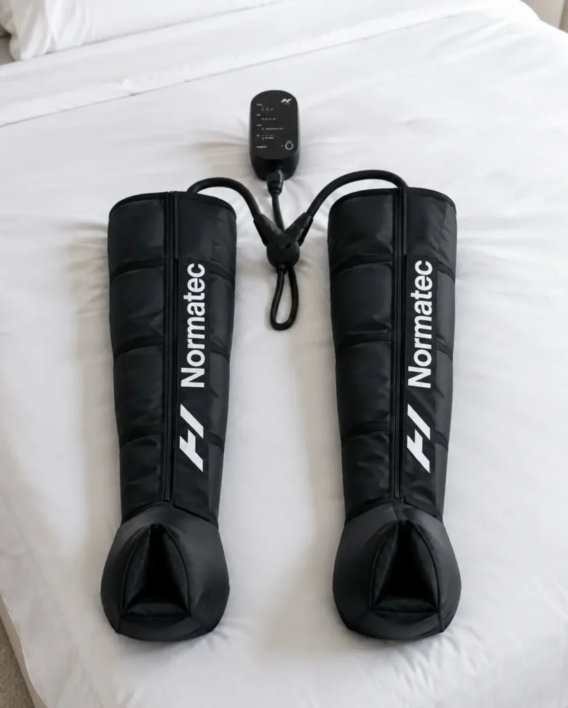Normatec 3 com duas botas pneumáticas, controlador central e mangueiras